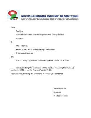 Comments of In-SDES regarding the truing up petition by KSEB Ltd for Financial Year 2015-16